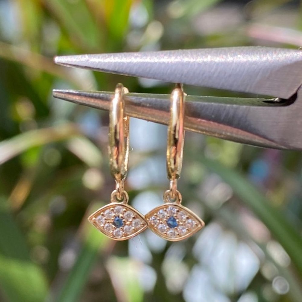 14K Gold Dainty Evil Eye Charm Earrings